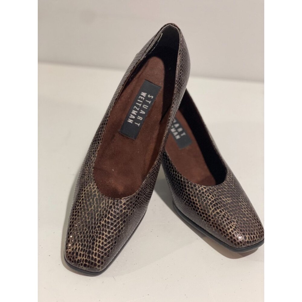 Stuart Weitzman Brown Snakeskin Leather Block Heel Pumps Size 6B Made Spain